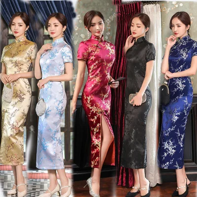 Plus Size Slim Chinese Traditional Cheongsam Short Sleeve Front Split Vintage Dress Women Long Dress Plum Qipao