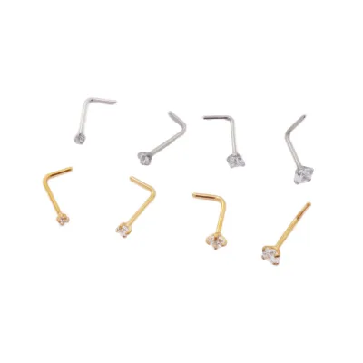 Gold Plated L-Shaped Curved Zircon Nose Rings Ear Studs Piercing Jewelry