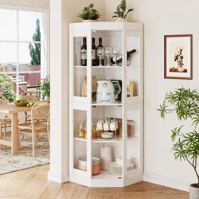 VEKIN Modern White Wooden Corner Glass Door Living Room Cabinet Storage Space-Saving Design for Hotel Use Durable Eco-Friendly