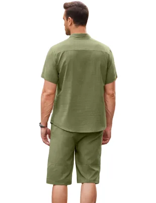 Men's 2-piece Linen Suit Lapel Short Sleeve Henry Shirt and Shorts Summer Beach Casual Men's Suits