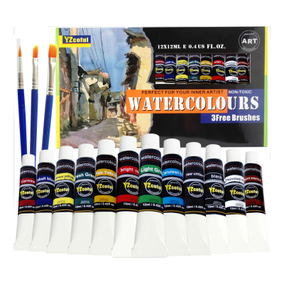 Wholesale EABOR YB-0724 12 Colors Solid Watercolor Paint Set with 3pcs Brushes 12ml Each for Paper