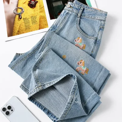 High-Waist Light Blue Loose Fit Vintage Jeans Custom Embroidery Patches Breathable Denim Summer Winter Straight Style Logo Waist