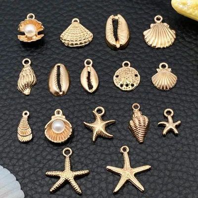 Mixed 16 KC Gold Shell Starfish Conch Sea Alloy Pendant for Diy Jewelry Making Accessories Bracelet Necklace Pendants