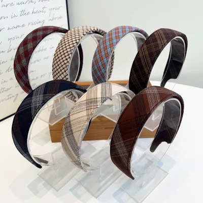 New Autumn and Winter Collection of Red Checkered Fabric Headband Retro Fashion School-style Girl's Headwear Hair Accessory