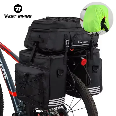 WEST BIKING New 48L Bicycle Carry Bag+Rain Cover Handlebar Zipped Bag Multifunctional Reflective 3 in 1 Bike Rear Pannier Bag
