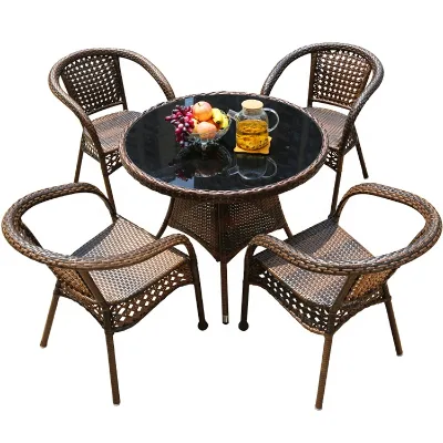 Durable All-Weather Outdoor PE Wicker Patio Furniture Set Modern Design Tempered Glass Tabletop Dining Drink Tea Table Chair Set