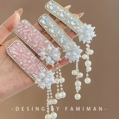 Blue Rhinestone Pearl Tassel Hair Clips Women's Elegant Hair Accessories Professional Salon Sectioning and Fixing Side Clips