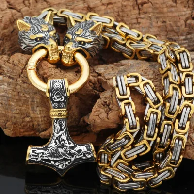 Men Nordic Celtic Wolf Men Necklace Viking Wolf Head Stainless Steel Pendant Necklace Rune Accessories Norse Amulet Jewelry