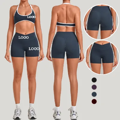 Halter Contrast Binding 2 Piece Yoga Set U Neck Backless Curved Hem Womens Gym Set Cross Waist Crotchless Butt Lift Yoga Set