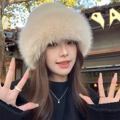 Women's Winter Faux Fur Outdoor Adjustable Plush Bucket Hat with Ear Protection Mongolian Style