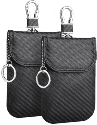 Premium Women's Carbon Fiber Leather National Style Car Key Case Thread Pattern Hanging Closure RFID Blocking Portable Signal