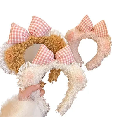 Sweet Checkered Bow Plush Lace Headband For Women's Autumn Winter Hair Pressing Face Washing , Girlish Heart Clip Headaccessory