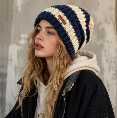 Wholesale Unisex Striped Jacquard Knit Beanie Large Head Circumference Warm Slouchy Winter Hat