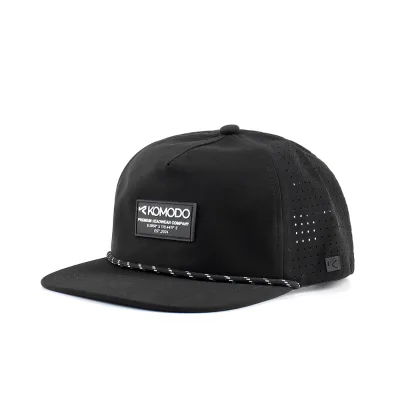 Custom Lightweight 5 Panel Cap,Black Unstructured Snapback Hat,PVC Logo Rope Snapback Cap,Waterproof Perforated Flat Snap Back