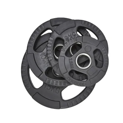 Custom Gym Cast Iron Weight Lifting Plates Black Three Handles Rubber Coated Free Weights
