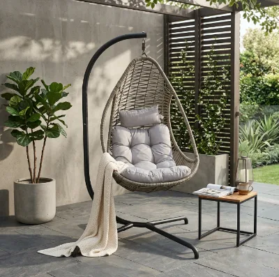 All-Weather Light Grey Wicker Outdoor Hammock Chair Heavy-Duty Curved Steel Stand with Thick Grey Cushion & Headrest Pillow