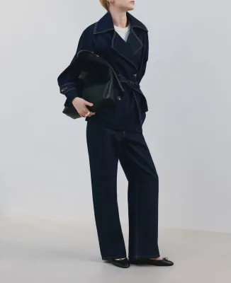 Custom Women Denim Jacket Pants Set Belted Trench Style Jean Jacket Wide Leg Trousers OEM ODM Clothing Factory