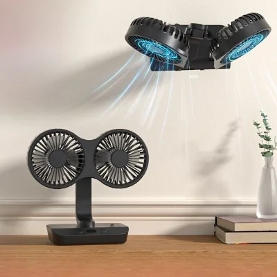Double Head Desktop Wall Mounted and Rotatable Electric Fan USB Rechargeable LED Lighting Silent Fan