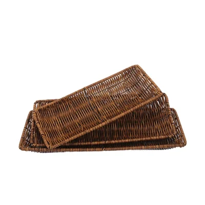Rich Brown Handwoven PP Rattan Nestable Rectangular Tray for Hotel Buffet Pastry Fruit Serving Arrangement