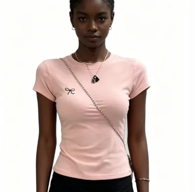 Women Fitted Pink T Shirt with Bow Embroidery Slim Fit Short Sleeve Cotton Casual Tee for Daily Streetwear