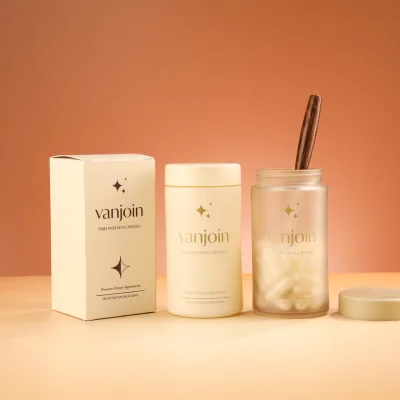 High End Custom Beige Tuck in Style Box for Capsule Bottle Set Recyclable Bottle Package Paper Box