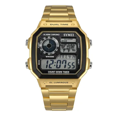 Men's Fashion Sports Digital Watch Waterproof Multi-functional Chronograph Luminous Feature Rectangle Case Stainless Steel Band