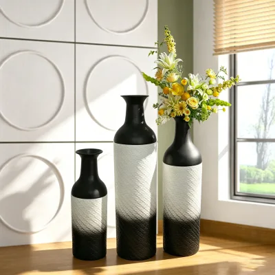 3Pcs Handmade Woven Shape Texture White and Black Large Metal Floor Vase for Dried Flowers Artificial Flowers for Home Decor