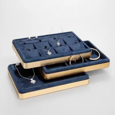 Gold Metal Trim Microfiber Suede Jewelry Display Tray, Multi Grid Open Storage Tray for Ring Necklace Bracelet Counter Display
