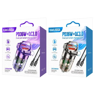 New Design Transparent PD36W+QC3.0 Fast Charging Car Charger Adapter Type C to Type-C Car Charger