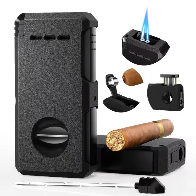 Cigar Lighter, Built-in V-Cut Cigar Cutter, Cigar Punch, Cigar Draw Enhancer, Cigar Holder,5- in -1 Jet Flame Torch Lighter,
