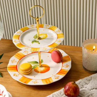 Custom Sized White Double Tier Ceramic Dessert Stand Hand Painted Fruit Pattern Reactive Glazed Eco-Friendly Stocked Afternoon