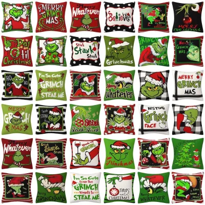 Christmas Party Decoration Linen Polyester Cushion Cover Grinch Merry Christmas Xmas Eve Pillowcase