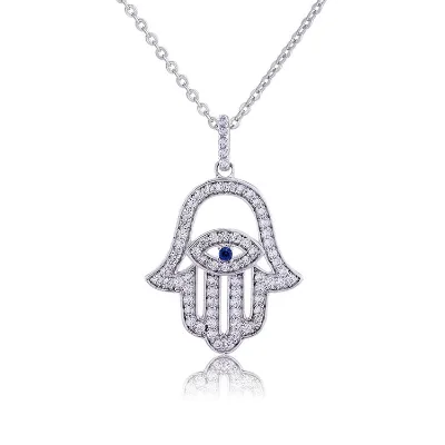 925 Sterling Silver Cubic Zircon Hamsa Hand Shape Charms Necklace Wholesale