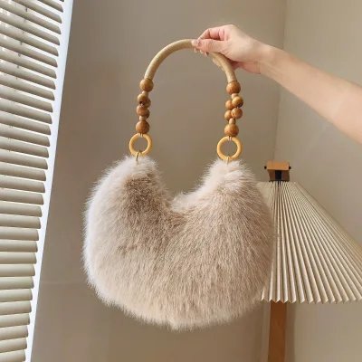 New Wooden Bead Handle Plush Shoulder Bag High-Fashion Versatile Fluffy Bag Sweet Japanese-Korean Style Handbag Wholesale