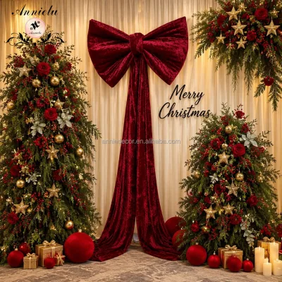 ANNIELU Christmas Burgundy Crushed Velvet Large Bow Hanging Ornament for Wedding Ceremony Event Party Aisle Decoration