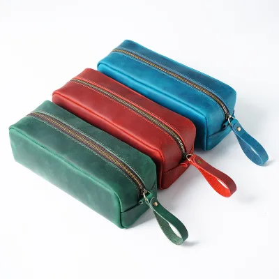 Genuine Leather square Retro Crazy Horse Leather Zipper Simple Large Capacity Stationery Bag Storage Bag