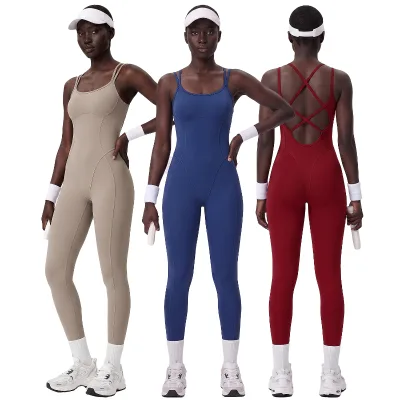Wholesale Women's Sports Jumpsuit High Tummy Control Fitness Sling Crop Back Design Bodysuit for Gym Yoga Summer