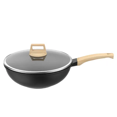 Bulk Order Custom 30cm Black Household Modern Non-Stick Pan Health Wok with Glass Lid