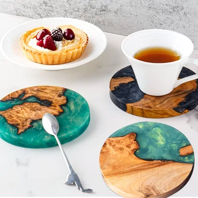 Natural Wood Epoxy Coasters Round Artistic Tree Ring Design Heat Resistant Handmade Eco-Friendly Durable Drink Coasters