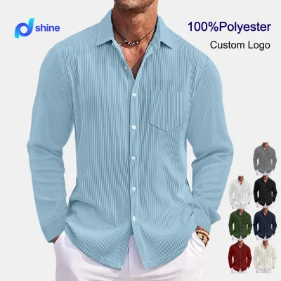 Custom Men's Solid Wrinkle-Resistant Shirt High-Stretch Comfortable Textured Fabric Button-Up with Pockets