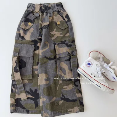 Girls 2026 Autumn Korean-style Camouflage Cotton Blends Trendy Overalls Loose-fitting Sporty Wide-leg Pants Distinctive Flair