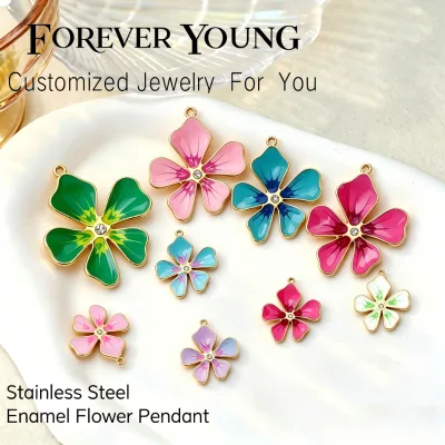 FY DIY Floral Accessories Finding for Jewelry Making Stainless Steel Colorful Drip Oil Five Petal Enamel Flower Charms Pendants