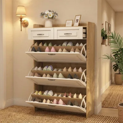 3 Tier Solid Wood Modern Living Room Entry Way Shoe Rack & Cabinet with Drawer Storage