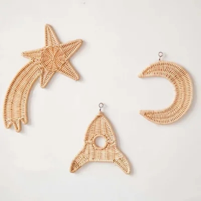 Space-themed Children's Rattan Wall Hanging Decoration Set of 3 Pieces - Shooting Stars, Moon and Rocket for Kindergarten Wall H