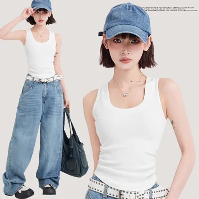 Custom Logo Slim Camisole Streetwear Crop Top Basic O Neck Sleeveless Tank Top for Women