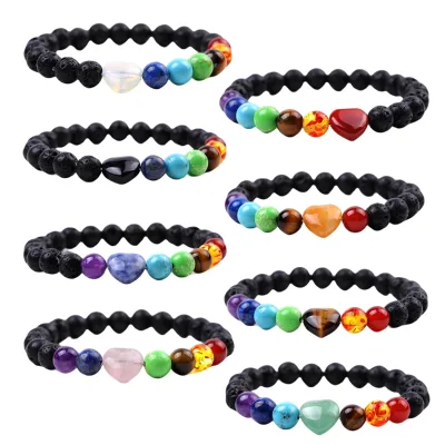 Mixed Color Healing Crystals Stone 7 Chakra Pray Bracelets Jewelry Energy Lava Stone Bracelets for Men Women with Heart Gemstone