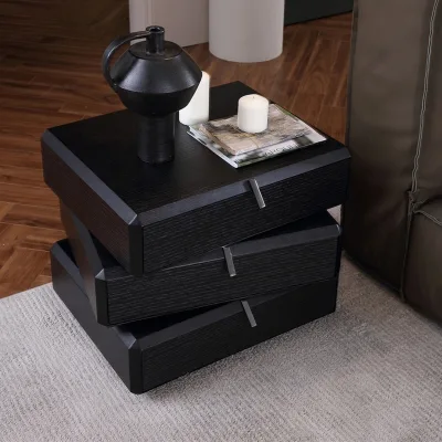 High-End Black Smoked Solid Wood Bedside Table Simple Modern Italian Style Luxury Lighting Rotating Nightstand High-End Storage