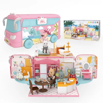 New Kids Pretend Play Portable Bus Camper Vehicle Doll House Play Set With Furniture for Girls