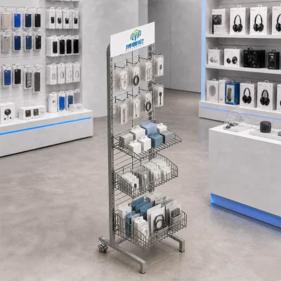 Retail Store Display Rack with Header Sign Hooks Shelves and Baskets for Small Packaged Products