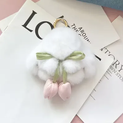 Rex Rabbit Fur Tulip Design Bunny Keychain Adorable Plush Rabbit Bag Pendant Soft Fluffy Car Key Holder